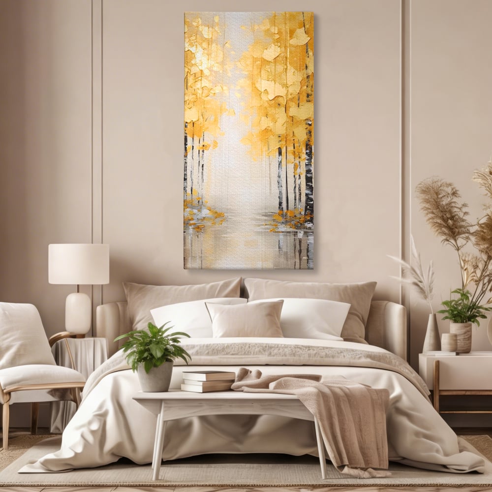 Tablou canvas cu pictura verticala cu padure aurie, fara rama, pe sasiu de lemn, pe perete intr-un dormitor
